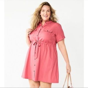 Watermelon Pink T-shirt button dress with tie front